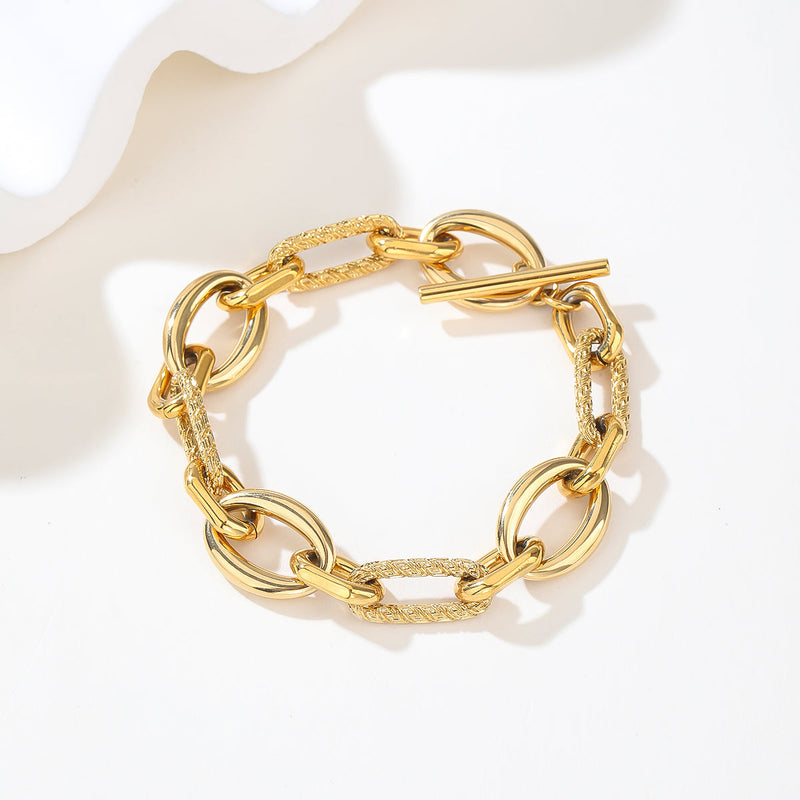 Gold Sculpted Chain Link Bracelet with Toggle Clasp - Modern Statement Cuff