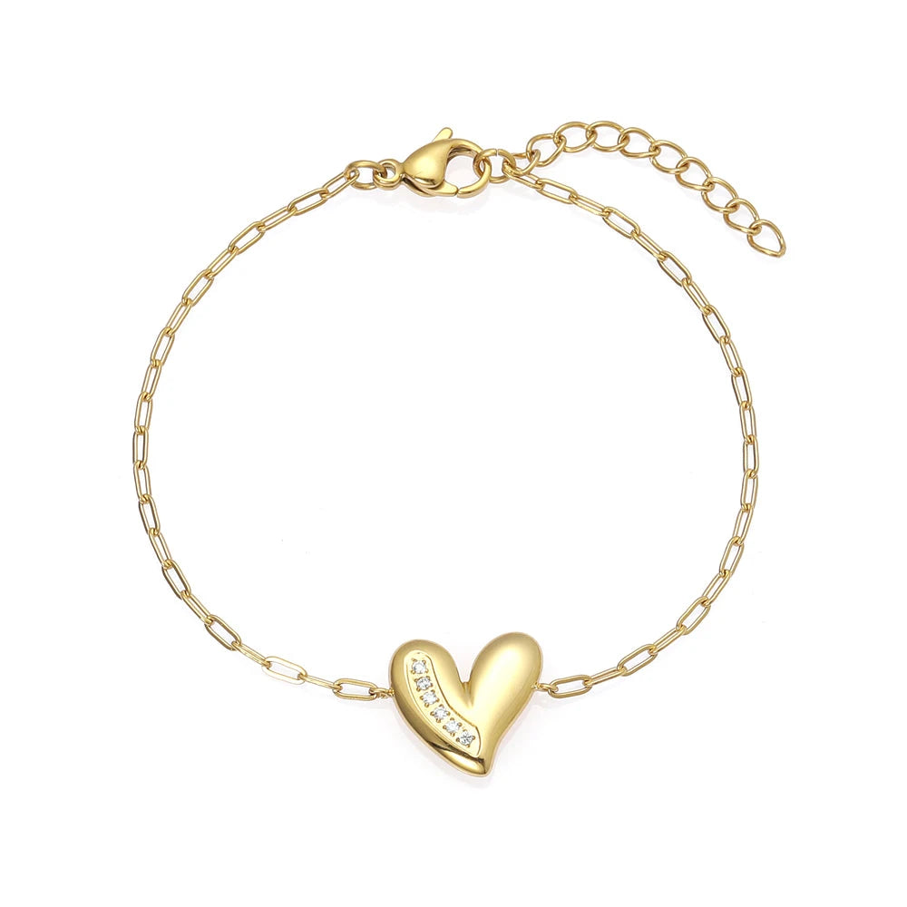 Gold Puffy Heart Bangle Bracelet with Sculpted 3D Heart Center - Modern Love Cuff
