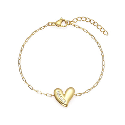 Gold Puffy Heart Bangle Bracelet with Sculpted 3D Heart Center - Modern Love Cuff