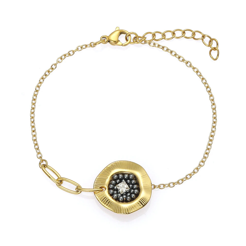 Gold Bangle Bracelet with Black Crystal Cluster Center - Bold Statement Cuff