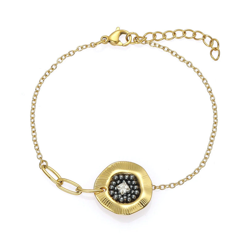 Gold Bangle Bracelet with Black Crystal Cluster Center - Bold Statement Cuff