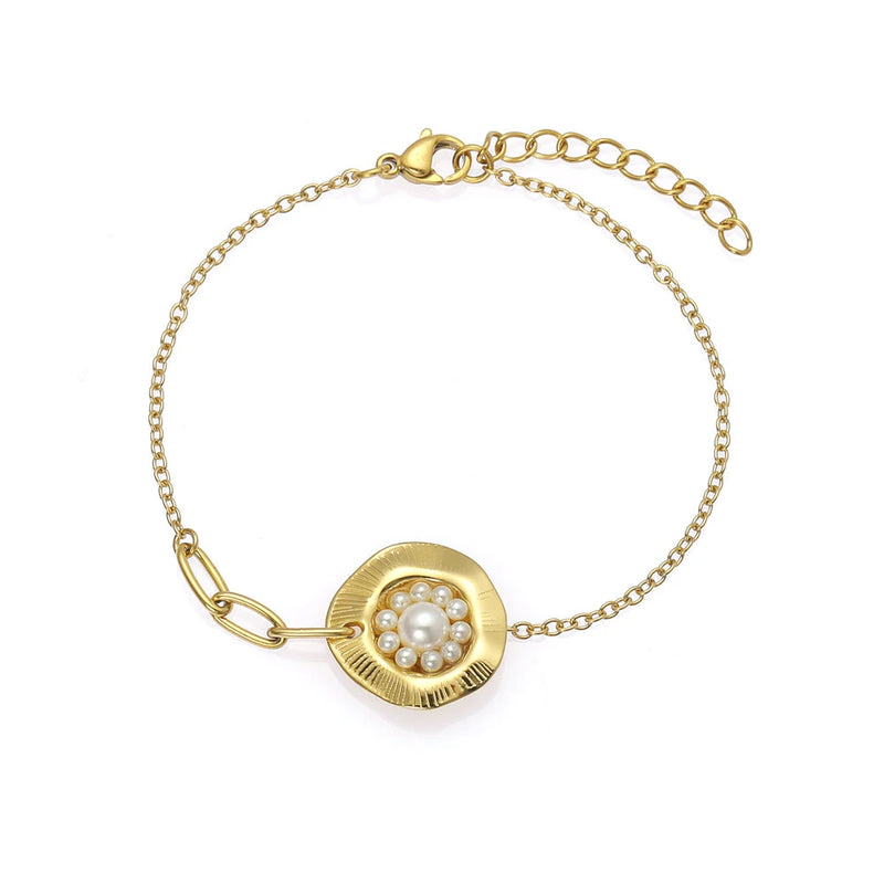 Gold Bangle Bracelet with Pearl Cluster Center - Elegant Bridal-Inspired Cuff