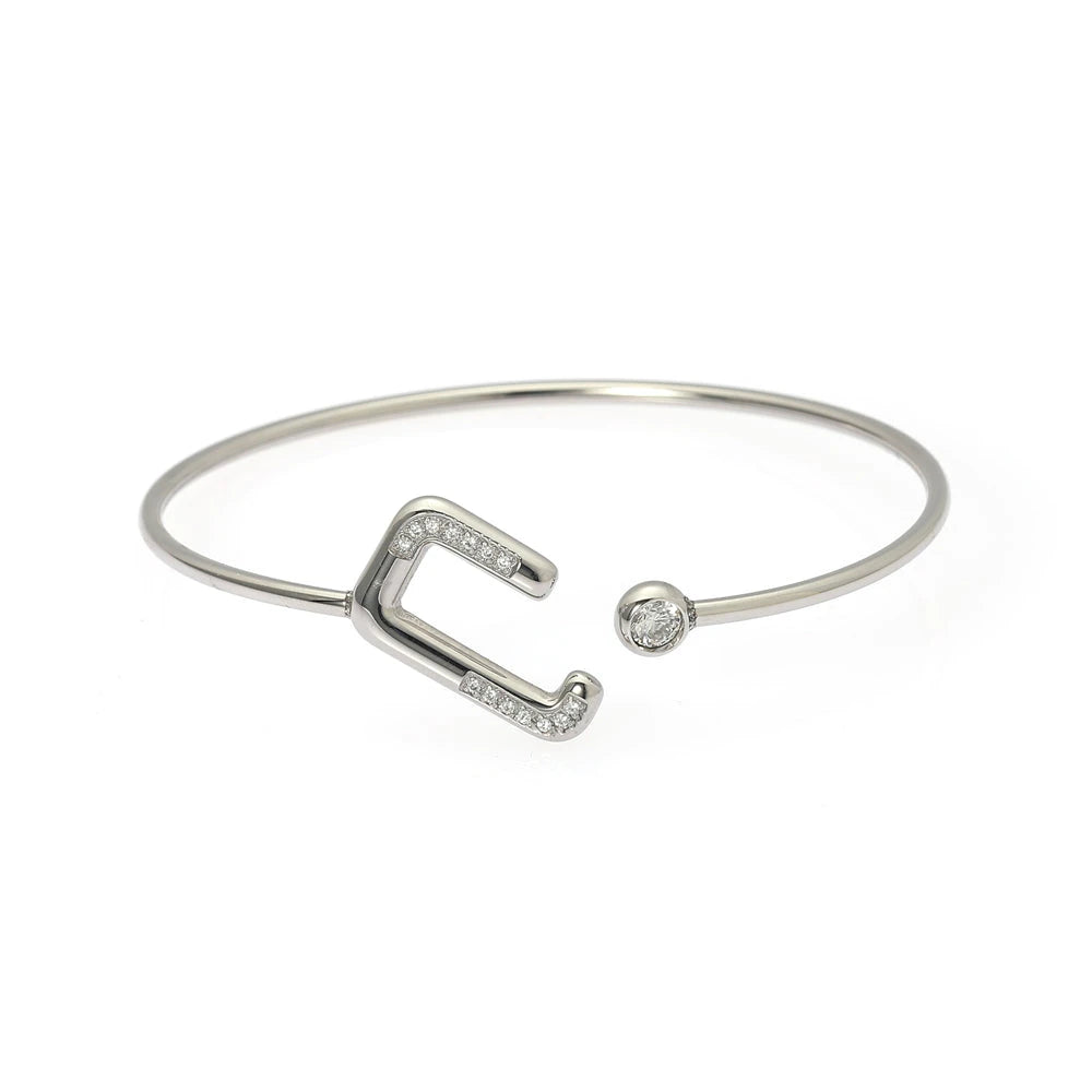 Silver Cuff Bracelet with Cubic Zirconia "C" Initial - Personalized Letter Bangle