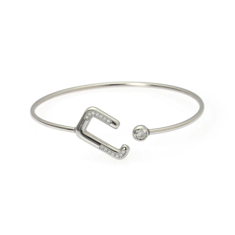 Silver Cuff Bracelet with Cubic Zirconia "C" Initial - Personalized Letter Bangle