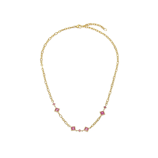 Gold Chain Necklace with Pink Crystal Stations - Sparkling Bezel Gemstone Chain