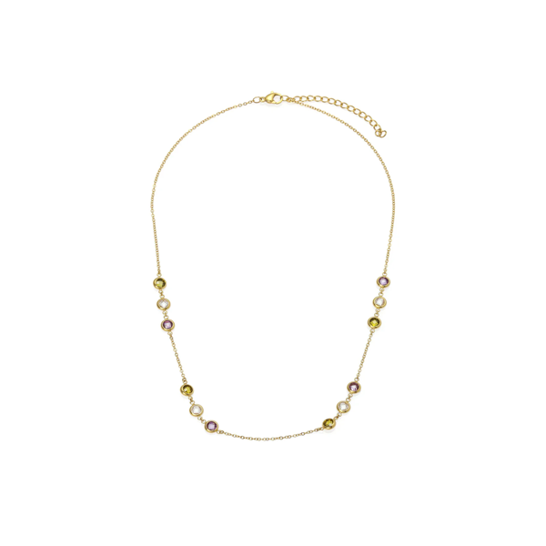 Gold Multi-Colored Crystal Beaded Station Necklace - Rainbow Bezel Gemstone Chain