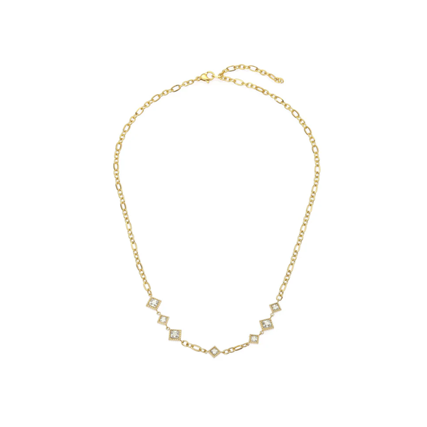 Gold Chain Necklace with Clear Crystal Stations - Sparkling Bezel-Set Tennis Chain