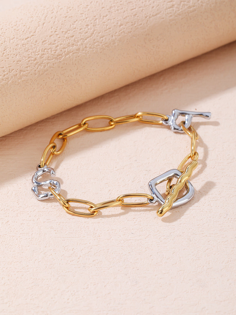 Two-Tone Gold and Silver Chain Link Bracelet with Cubic Zirconia Accent - Mixed-Metal Statement Cuff