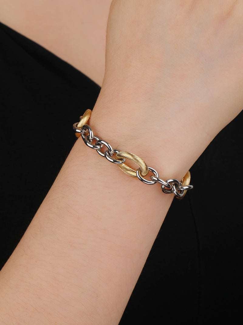 Two-Tone Gold and Silver Textured Chain Link Bracelet - Mixed-Metal Statement Cuff