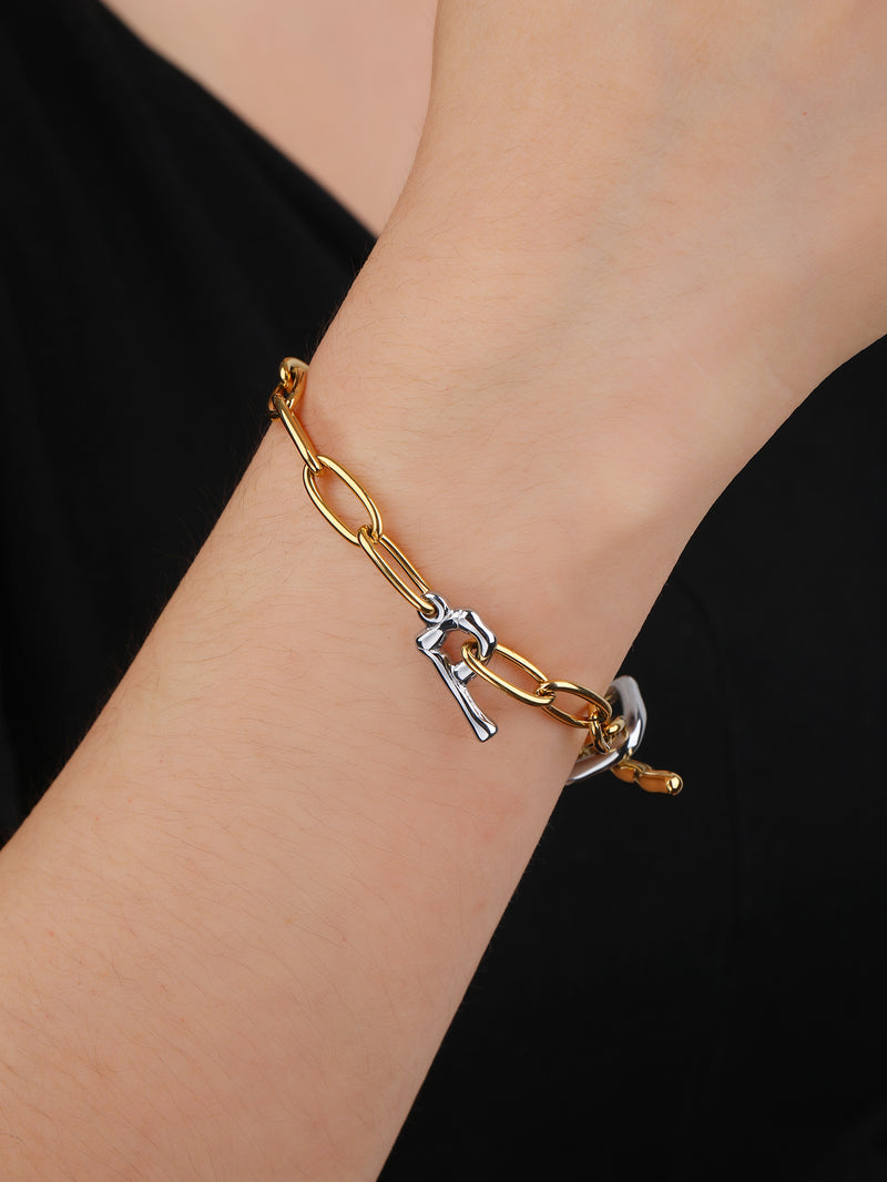 Two-Tone Gold and Silver Chain Link Bracelet with Cubic Zirconia Accent - Mixed-Metal Statement Cuff