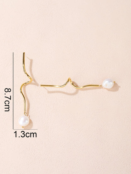 Gold Pearl Dangle Bar Stud Earrings - Four Freshwater Pearl Drops