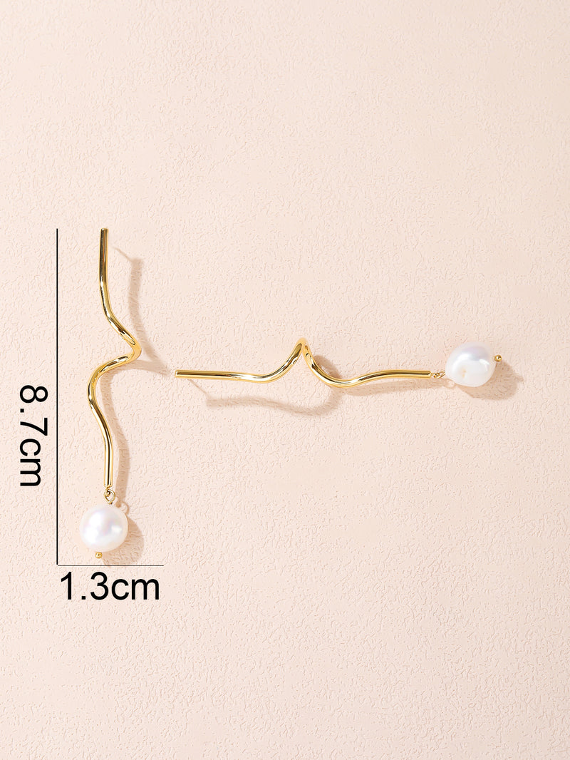 Gold Pearl Dangle Bar Stud Earrings - Four Freshwater Pearl Drops