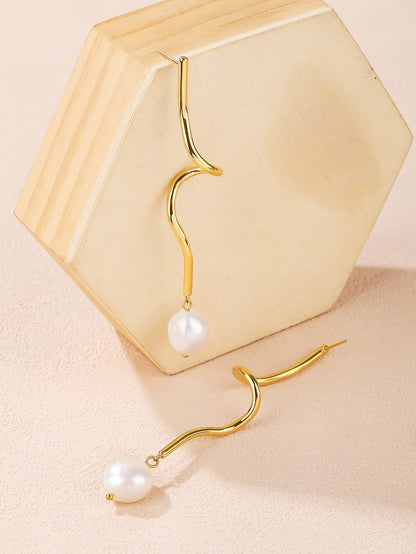 Gold Pearl Dangle Bar Stud Earrings - Four Freshwater Pearl Drops