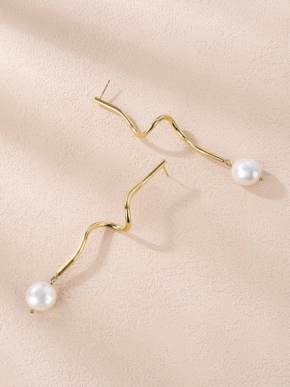Gold Pearl Dangle Bar Stud Earrings - Four Freshwater Pearl Drops